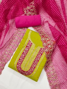 Zeepkart - Green Chanderi Cotton Embroidered Unstitched Kurta with Bottom and Dupatta (Set of 3)