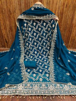 Zeepkart - Blue Silk Cotton Embroidered Unstitched Kurta with Bottom and Dupatta (Set of 3)