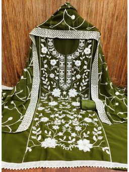 Zeepkart - Green Georgette Embroidered Unstitched Kurta with Bottom and Dupatta (Set of 3)