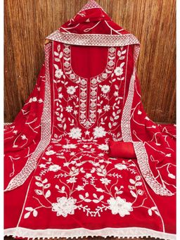 Zeepkart - Red Georgette Embroidered Unstitched Kurta with Bottom and Dupatta (Set of 3)