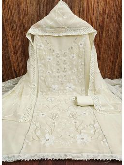 Zeepkart - White Georgette Embroidered Unstitched Kurta with Bottom and Dupatta (Set of 3)