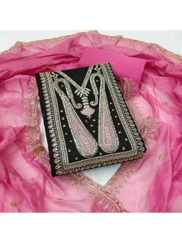 Zeepkart - Black Chanderi Cotton Embroidered Unstitched Kurta with Bottom and Dupatta (Set of 3)