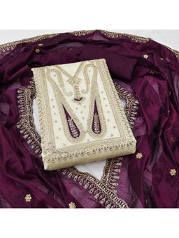 Zeepkart - White Chanderi Cotton Embroidered Unstitched Kurta with Bottom and Dupatta (Set of 3)