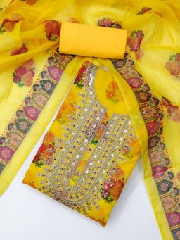 Zeepkart - Yellow Chanderi Cotton Embroidered Unstitched Kurta with Bottom and Dupatta (Set of 3)