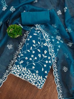Zeepkart - Aqua Organza Cotton Embroidered Unstitched Kurta with Bottom and Dupatta (Set of 3)