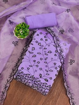 Zeepkart - Purple Organza Cotton Embroidered Unstitched Kurta with Bottom and Dupatta (Set of 3)