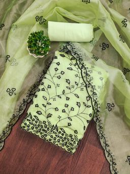 Zeepkart - Green Organza Cotton Embroidered Unstitched Kurta with Bottom and Dupatta (Set of 3)
