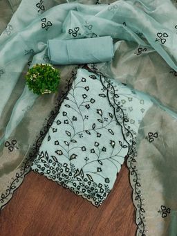 Zeepkart - Blue Organza Cotton Embroidered Unstitched Kurta with Bottom and Dupatta (Set of 3)