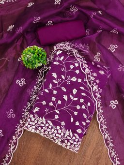 Zeepkart - Magenta Organza Embroidered Unstitched Kurta with Bottom and Dupatta (Set of 3)