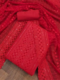 Zeepkart - Red Georgette Embroidered Unstitched Kurta with Bottom and Dupatta (Set of 3)