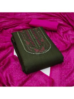 Zeepkart - Mehndi Cotton Embroidered Unstitched Kurta with Bottom and Dupatta (Set of 3)