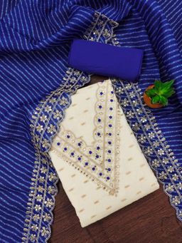 Zeepkart - Blue Chanderi Cotton Embroidered Unstitched Kurta with Bottom and Dupatta (Set of 3)