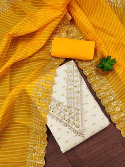 Zeepkart - Yellow Chanderi Cotton Embroidered Unstitched Kurta with Bottom and Dupatta (Set of 3)