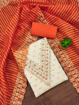 Zeepkart - Orange Chanderi Cotton Embroidered Unstitched Kurta with Bottom and Dupatta (Set of 3)