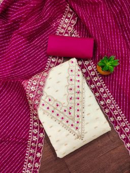 Zeepkart - Pink Chanderi Cotton Embroidered Unstitched Kurta with Bottom and Dupatta (Set of 3)