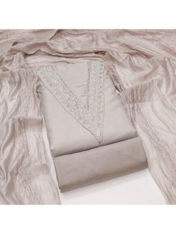 Zeepkart - Grey Chanderi Cotton Embroidered Unstitched Kurta with Bottom and Dupatta (Set of 3)