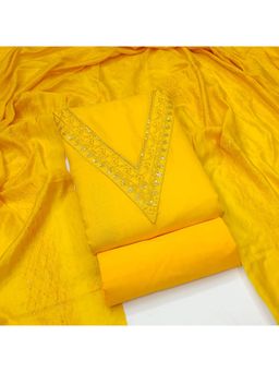 Zeepkart - Yellow Chanderi Cotton Embroidered Unstitched Kurta with Bottom and Dupatta (Set of 3)
