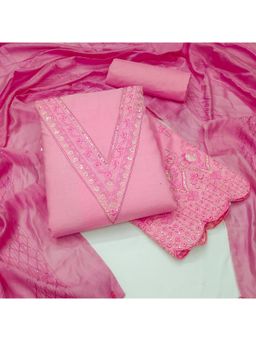 Zeepkart - Pink Chanderi Cotton Embroidered Unstitched Kurta with Bottom and Dupatta (Set of 3)