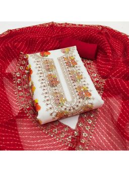 Zeepkart - White Georgette Embroidered Unstitched Kurta with Bottom and Dupatta (Set of 3)