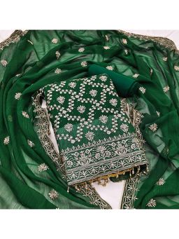 Zeepkart - Green Silk Cotton Embroidered Unstitched Kurta with Bottom and Dupatta (Set of 3)