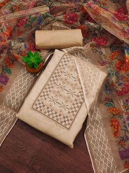 Zeepkart - Beige Cotton Embroidered Unstitched Kurta with Bottom and Dupatta (Set of 3)