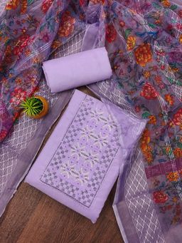 Zeepkart - Purple Cotton Embroidered Unstitched Kurta with Bottom and Dupatta (Set of 3)