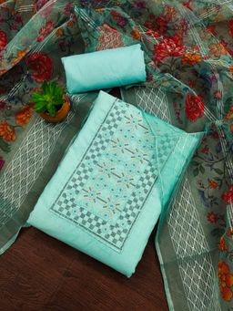 Zeepkart - Teal Cotton Embroidered Unstitched Kurta with Bottom and Dupatta (Set of 3)