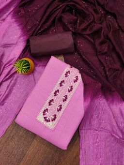 Zeepkart - Magenta Cotton Embroidered Unstitched Kurta with Bottom and Dupatta (Set of 3)