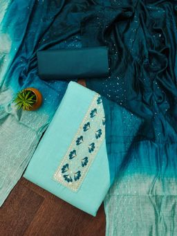 Zeepkart - Teal Cotton Embroidered Unstitched Kurta with Bottom and Dupatta (Set of 3)