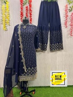 Zeepkart - Blue Georgette Embroidered Unstitched Kurta with Bottom and Dupatta (Set of 3)