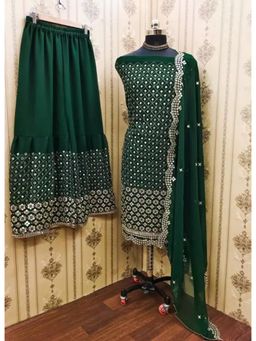 Zeepkart - Green Georgette Embroidered Unstitched Kurta with Bottom and Dupatta (Set of 3)