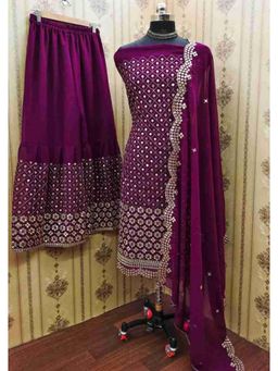 Zeepkart - Purple Georgette Embroidered Unstitched Kurta with Bottom and Dupatta (Set of 3)