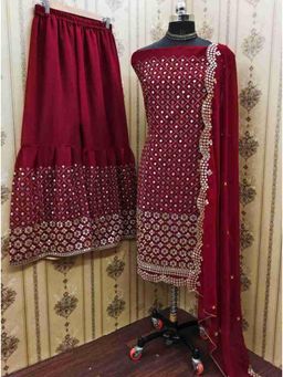 Zeepkart - Red Georgette Embroidered Unstitched Kurta with Bottom and Dupatta (Set of 3)