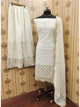 Zeepkart - White Georgette Embroidered Unstitched Kurta with Bottom and Dupatta (Set of 3)