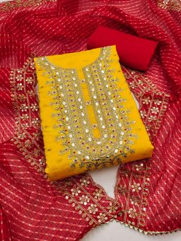 Zeepkart - Yellow Chanderi Embroidered Unstitched Kurta with Bottom and Dupatta (Set of 3)