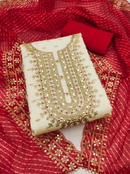 Zeepkart - White Chanderi Embroidered Unstitched Kurta with Bottom and Dupatta (Set of 3)