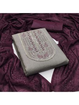 Zeepkart - Grey Cotton Embroidered Unstitched Kurta with Bottom and Dupatta (Set of 3)