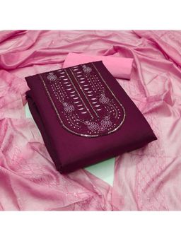 Zeepkart - Wine Cotton Embroidered Unstitched Kurta with Bottom and Dupatta (Set of 3)