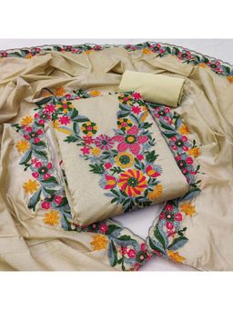 Zeepkart - Beige Chanderi Embroidered Unstitched Kurta with Bottom and Dupatta (Set of 3)