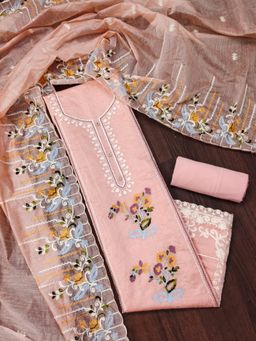 Zeepkart - Peach Chanderi Embroidered Unstitched Kurta with Bottom and Dupatta (Set of 3)