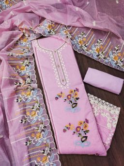 Zeepkart - Pink Chanderi Embroidered Unstitched Kurta with Bottom and Dupatta (Set of 3)