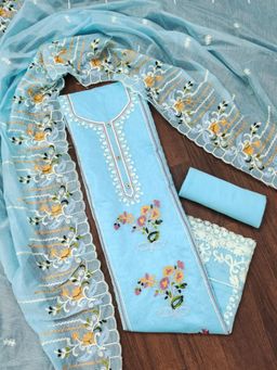 Zeepkart - Blue Chanderi Embroidered Unstitched Kurta with Bottom and Dupatta (Set of 3)