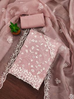 Zeepkart - Brown Organza Embroidered Unstitched Kurta with Bottom and Dupatta (Set of 3)