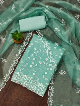 Zeepkart - Teal Organza Embroidered Unstitched Kurta with Bottom and Dupatta (Set of 3)