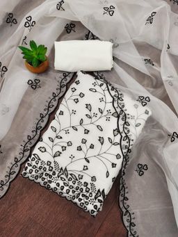 Zeepkart - White Organza Embroidered Unstitched Kurta with Bottom and Dupatta (Set of 3)