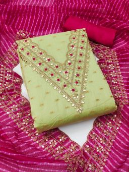 Zeepkart - Green Chanderi Embroidered Unstitched Kurta with Bottom and Dupatta (Set of 3)