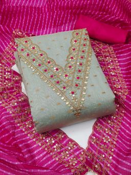 Zeepkart - Grey Chanderi Embroidered Unstitched Kurta with Bottom and Dupatta (Set of 3)