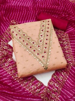 Zeepkart - Peach Chanderi Embroidered Unstitched Kurta with Bottom and Dupatta (Set of 3)