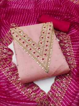 Zeepkart - Pink Chanderi Embroidered Unstitched Kurta with Bottom and Dupatta (Set of 3)
