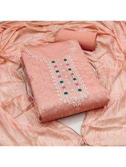 Zeepkart - Peach Chanderi Embroidered Unstitched Kurta with Bottom and Dupatta (Set of 3)